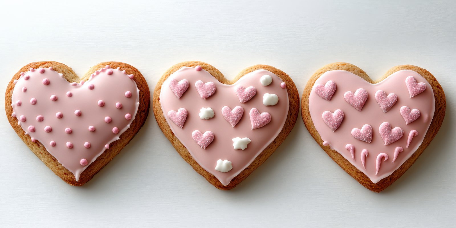 Heart-shaped cookies decorated with colorful icing and sprinkles displayed on a white surface
